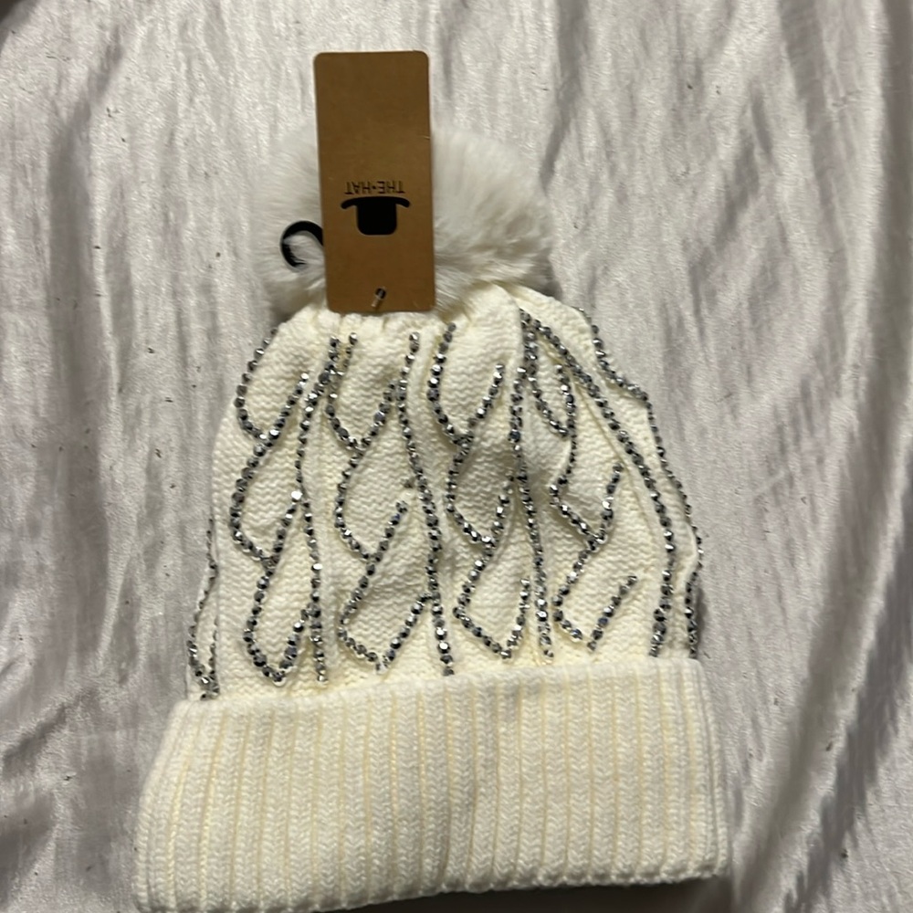 white fuzzy rhinestone toboggan